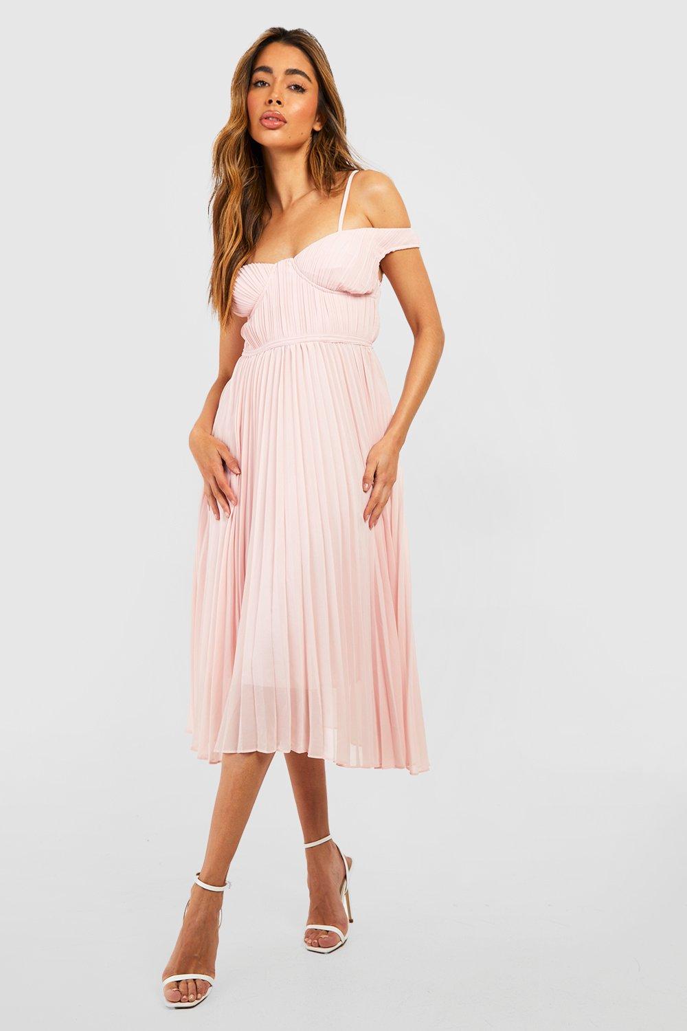 Women s Pleated Cold Shoulder Midi Dress Boohoo UK